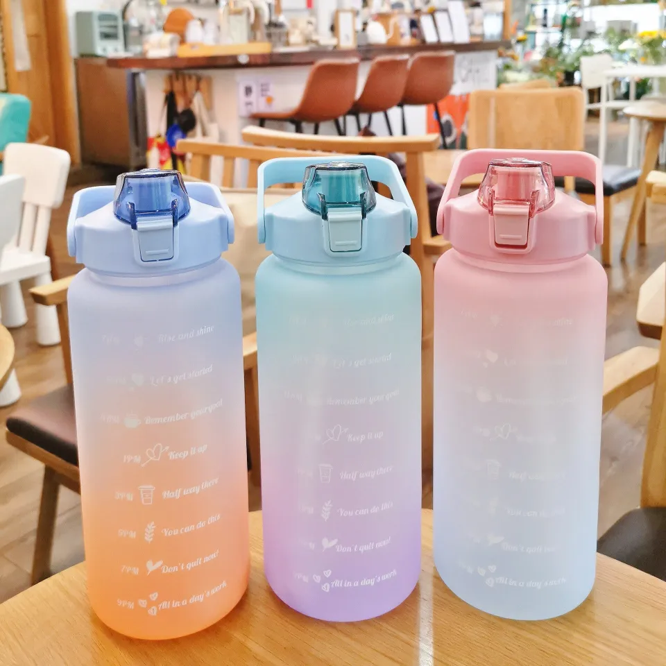 2 Liter Water Bottle with Straw Female Girls Large Portable Travel Bottles  Sports Fitness Cup Summer Cold Water with Time Scale