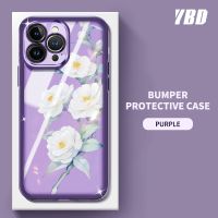 YBD เคสโทรศัพท์ สำหรับ iPhone 11 Pro Max 12 Pro Max 13 Pro Max 14 Pro Max 12 13 13 Mini 14 Plus 15 Pro Camellia Flower ลวดลายโปร่งใสสีฟิล์มเลนส์ TPU Carmera แบบนิ่ม