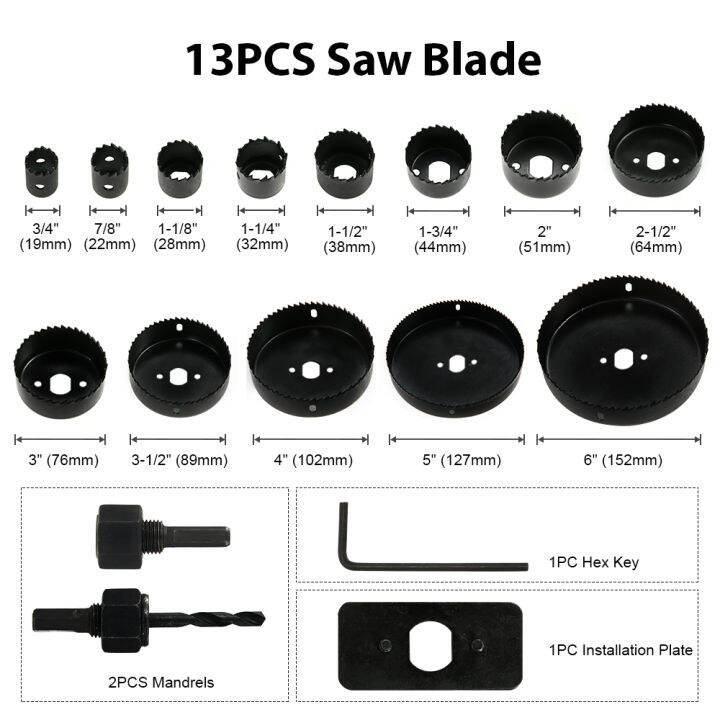 ชุดเลื่อยเจาะรู-kkmoon-ชุดเลื่อยเจาะรู17ชิ้นพร้อมใบมีดเลื่อย13ชิ้น2แกนติดตั้ง1แผ่นคีย์-hex-1ดอกขนาดสูงสุด152มม-และขนาดต่ำสุด19มม-เหมาะสำหรับไม้เนื้ออ่อนเจาะแผ่นบอร์ดพีวีซีและพลาสติก