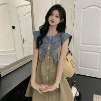 QearlLady ชุดเดรสแขนบินผูกโบว์,ใหม่ฤดูร้อนสไตล์วินเทจหวานเผ็ดสายรัดเอวออกแบบกระโปรงสั้นกางเกงยีนส์ผ้าดีนิมแบบต่อสำหรับผู้หญิง504S267