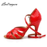 Ladingwu New Crocodile Texture PU Latin Dance Shoes Salsa Woman Black/Red Soft Bottom Ballroom Dance Sandals High Heel Shoes