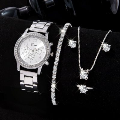 ชุดนาฬิกาหรู6ชิ้นสร้อยคอต่างหูพลอยเทียม Fashion Jam Tangan นาฬิกาผู้หญิงลำลองสำหรับสตรีชุดสร้อยข้อมือนาฬิกา