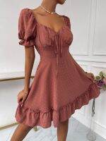 【Ladies shop】 WomenSummerDress Puff SleeveDotLow CutUp High WaistDaily Wear Ruffle Dress