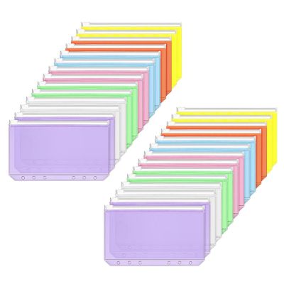 28 Pieces Binder Pockets A6 Size 6 Holes Binder Zipper Folders Waterproof PVC Loose Leaf Bags for 6-Ring Binder Notebook