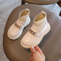 Kids Shoes Ankle Knit Leather Boots Girl School Uniform Dress Shoe Child Flat Metal Buckle British Style Boot 26-36