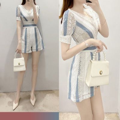 Jumpsuit Summer Casual Temperament Women High Waist Wide-Leg Shorts Slimmer Look Stitching Lace Small Size Age-Reducing