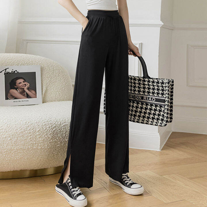 Summer Ice Silk Pants Women's High Waist Drape Wide Leg Pants Split  Straight Trousers | Lazada