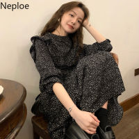 Meploe Vintage Dress Women Fashion Floral Slim Waist Elegant Vestidos De Mujer Patchwork Sweet Ruffles Robe Korean Maxi Dresses