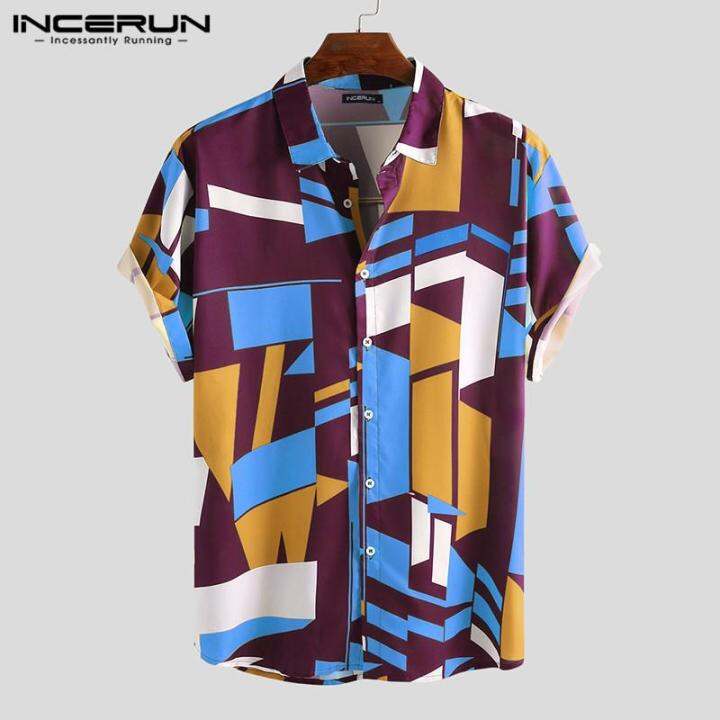 incerun-mens-hawaiianพิมพ์เสื้อชายหาดฤดูร้อนholidayแขนสั้นเสื้อแฟนซีtop