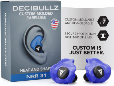 Decibullz - NRR 31 Custom Molded Earplugs, Perfect Fit Ear Protection for Safety, Travel, Work and Shooting (Blue)
