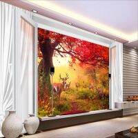 ♚ Decorative wallpaper Fantasy autumn 3d window curtains red leaf fawn TV background wall