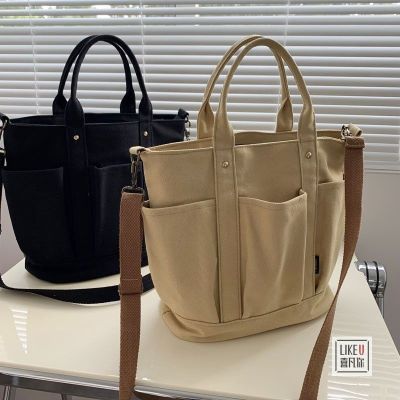 ☫ Womens tote bag Japanese minimalist multi-pocket Tot canvas bag literary men and women large capacity shoulder