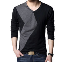 BROWON ยี่ห้อฤดูใบไม้ร่วง Mens T เสื้อแฟชั่น2023 Streetwear แขนยาว V คอสี Patchwork Cotton T เสื้อ Men