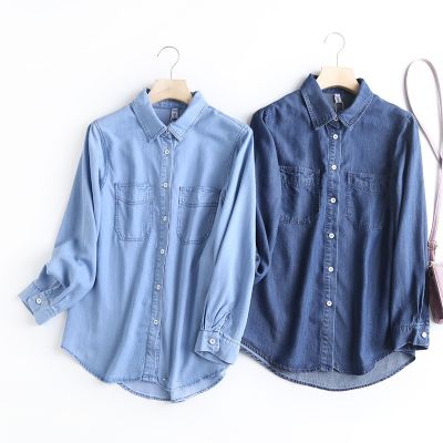 The spring and autumn period and the han edition 82112 fashion loose tencel denim women long sleeve shirts leisure vertical solid color shirt jacket