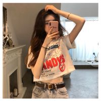 Crop top White printed short-sleeved T-shirt Top with exposed navel