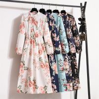 Spring Autumn Women Long Dresses Full Sleeve Printed Floral Elastic Waist Midi Dress Woman Casual Chiffon Dresses Vestidos