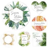 Tropical Palm Leaf Flowers Wedding Stickers Custom Name Date Baby or Bridal Shower Favor Stickers Round Heart Personalize Labels