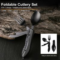 New Product 4 In 1 Stainless Steel Folding Utensils Portable Foldable Spoon Fork  Bottle Opener Cutlery Set For Camping Picnic Travel