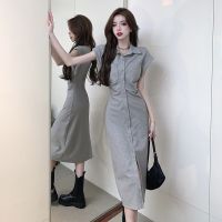 Light ripe wind restoring ancient ways Polo collar single-breasted tall waist waist 7917 gt513 show thin shirt dress