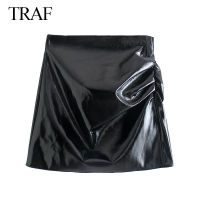 TRAF ZA Womens Skirt 2021 PU Artificial Leather Bright Surface Solid Color Skinny Sexy Street Wearing Pleated Zipper Y2k Skirt