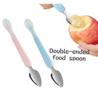 Baby Double Head Silicone Stainless Steel Children Utensil Toddler Infant Food Eating Fruit Scraping Mud Spoon Feeding Tableware Bowl Fork Spoon Sets