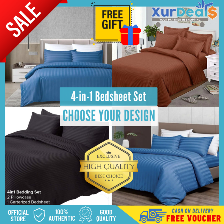 XurDeals 4in1 Plain Stripes Pure Cotton Hotel Quality Bedsheet