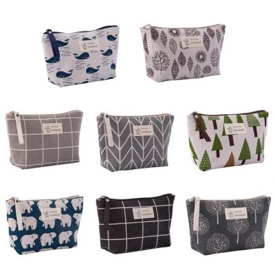 Soft Grid Canvas Bear Tree Print Pattern Women Travel Storage Bag Toiletries Organize Cute Cosmetic Bag Portable Make Up Bags