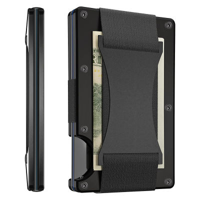 กระเป๋าเงินแบบบางมินิมอลสำหรับผู้ชายที่ใส่กระเป๋าใส่บัตรเครดิตหน้าแบบ RFID ที่กระเป๋าสตางค์บุรุษอลูมิเนียมโลหะขนาดเล็กพร้อมสายรัดเงินสด