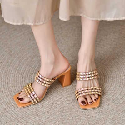 สี่เหลี่ยมรองเท้าผู้หญิงกับรองแท้ฤดูร้อนแบบมีส้นเปิดนิ้วเท้ากับกระโปรงรองเท้าแตะสี่เหลี่ยม35-41