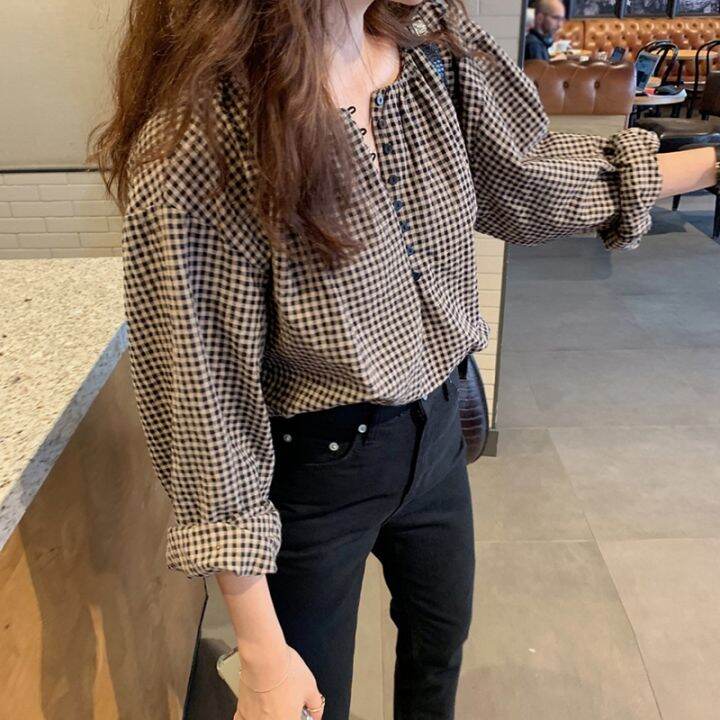 vintage-plaid-women-korean-style-loose-long-sleeve-shirts-blouse