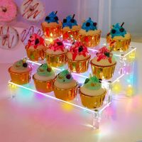 Cupcake Stand 3 Tiers Cake Display Stands LED Light String Acrylic Cake Shelf Transparent Dessert Tower Table Party Decoration