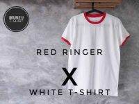 Double U T-Shirt เสื้อยืดสีพื้น Red Ringer x White T-Shirt สีขาว - คอและแขนสีแดง