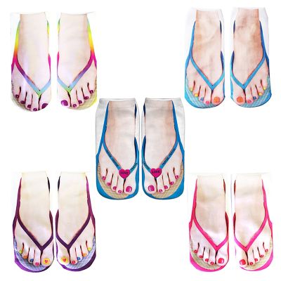 5 Pair Flip Flop Socks 3D Pattern Manicure Print Funny Hidden Comfort Running Socks Women Personalized Low Cut Ankle
