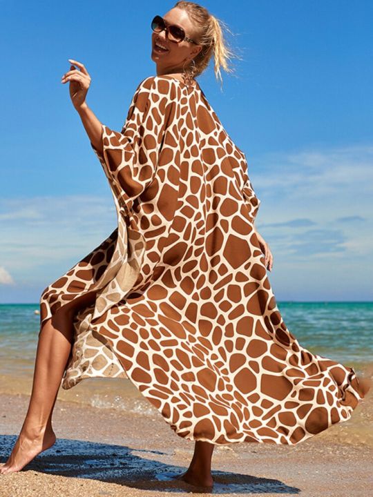 ชุดคาฟทันส์แม็กซี่พิมพ์ลายชุดเดรสชายหาดสำหรับเสื้อคลุมผู้หญิงแขนปีกค้างคาวชุดอาบน้ำวันหยุดฤดูร้อน