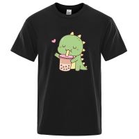 Green Little Dinosaur With Bubble Tea Tshirts Man Cotton Tshirt Breathable Clothing Loose Mens Gildan