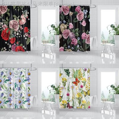 【CW】❀  Floral Leaves Print Shower Curtain Fabric With Hooks