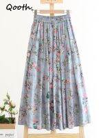 【CC】✙▩  Qooth High-waisted Floral Printed Skirts Eleqant Mid-length Skirt QT1711