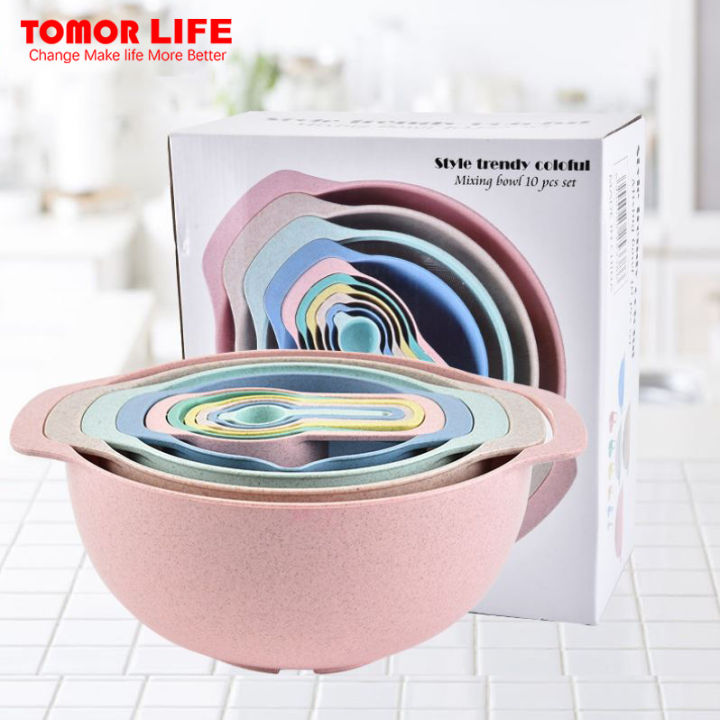 tomor-life-10ชิ้น-เซ็ตสีสันรุ้งถ้วยวัดช้อนอบขนมวัดภาชนะครัววัดกระชอนsifterเครื่องมือ