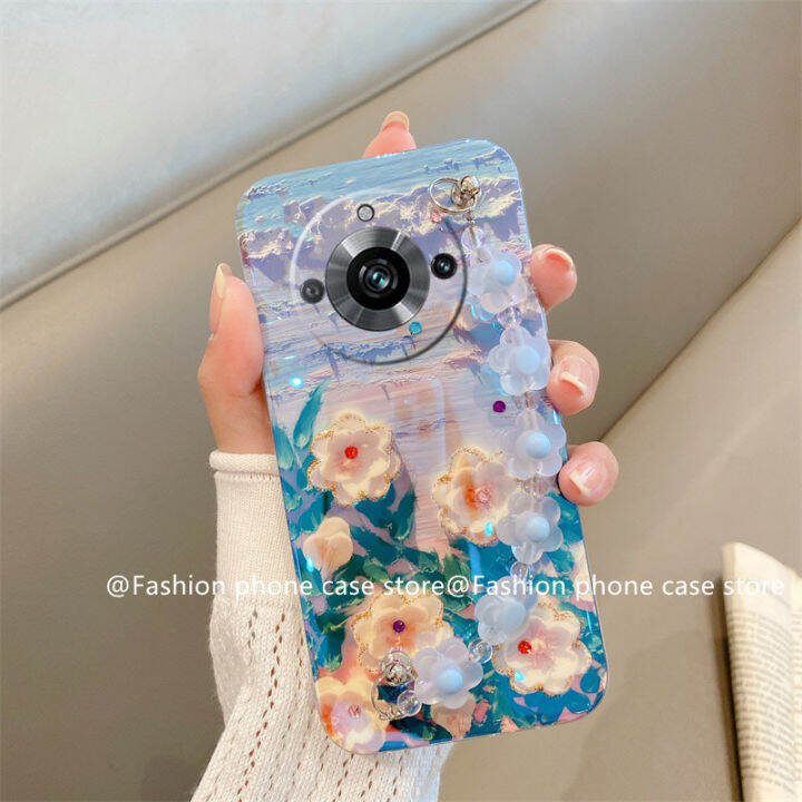 phone-case-เคส-realme11-pro-realme-11-pro-plus-5g-วินเทจเคสโทรศัพท์ภาพดอกไม้บลูเรย์เพ้นท์น้ำมัน-rhinestone-ปลอกนิ่มพร้อมสร้อยข้อมือ2023