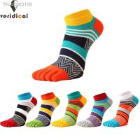 ✧℡❉ 5 Pairs Bright Color Ankle Five Finger Socks Man Cotton Striped Patchwork Mesh Breathable Street Fashion No Show Socks With Toes