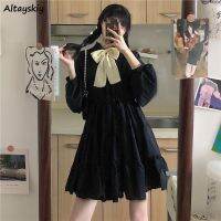 Solid Mini Dresses Women Bow Ruffles Japanese Style Kawaii College Lantern Sleeve Female Vestido Feminino Chic Popular Trendy