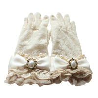 Women Lolita Lace Gloves Beige Cute Bead Chain Pearl Gloves for Gifts