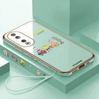 เคสสำหรับ Honor เคสโทรศัพท์90 5G 90 Lite 5G ฟรีสายคล้องการ์ตูนน่ารักสพันชบ็อบสแควร์แพนท์ลายขอบสี่เหลี่ยมเคสโทรศัพท์ชุบหรูหราเด็กหญิงเด็กชายเคสโทรศัพท์นิ่ม