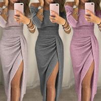 QianXing Shop Women Off Shoulder High Slit Bodycon Dress Shiny Long Sleeve Sex Dresses Cocktail Party Dress Evening Gown Formal Dress