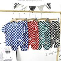 【Ready Stock】 ✓☋♠ C22 2pcs Boys T-shirt Set Kids Baby Girls Checkered prints Soft Sleepwear Pajama Childrens short sleeves