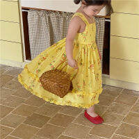 deer jonmi 2022 Summer Toddlers Girls Yellow Floral Printed Dresses Korean Style Cotton Ball Gown Baby Kids Vest Dress