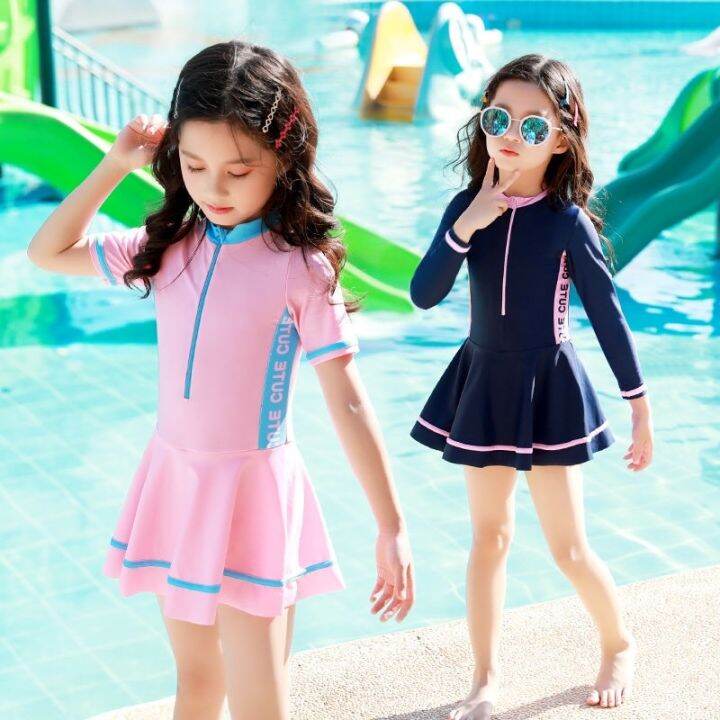 Kids Girl Swimsuit Sunscreen Korean Princess Long Sleeve Swimwear One