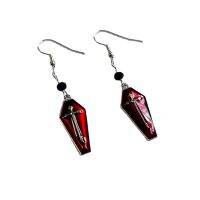 【cw】 Gothic Vampire Red Oil Dripping Cross Coffin Tombstone Earrings Halloween Wedding Party Holiday Gift for Men and Women Everyday ！