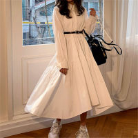 Women Dress Long Sleeve Spring Autumn Vintage Designer Collar Lapel Button Up Ruched Ruffles Cotton White Dresses Female Clothes