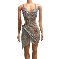 【YD】 Birthday Evening Dresses Show Wear Sparkly Rhinestones Fringes Mesh See Through Short Even